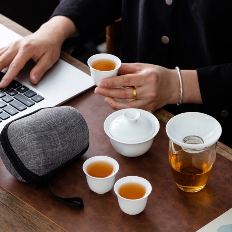 Korean Tea Set - ชุดน้ำชาจีนพกพา ชุดกาน้ำชาเซรามิก แก้วกาเวียนสำหรับเดินทาง ชุดถ้วยชาสำหรับพิธีชงชา ของขวัญสุดพิเศษ พร้อมกระเป๋าเดินทาง