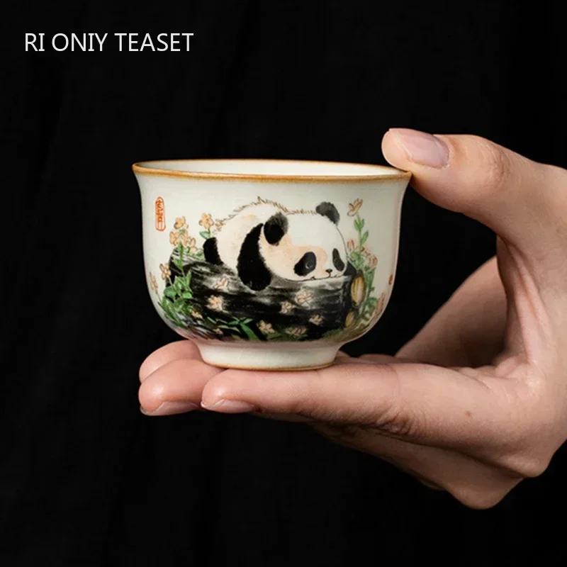 Korean Tea Set - 1 Pc ประเพณีจีน Ru เตาเผาเซรามิคชาถ้วยมือวาดน่ารัก Pandas