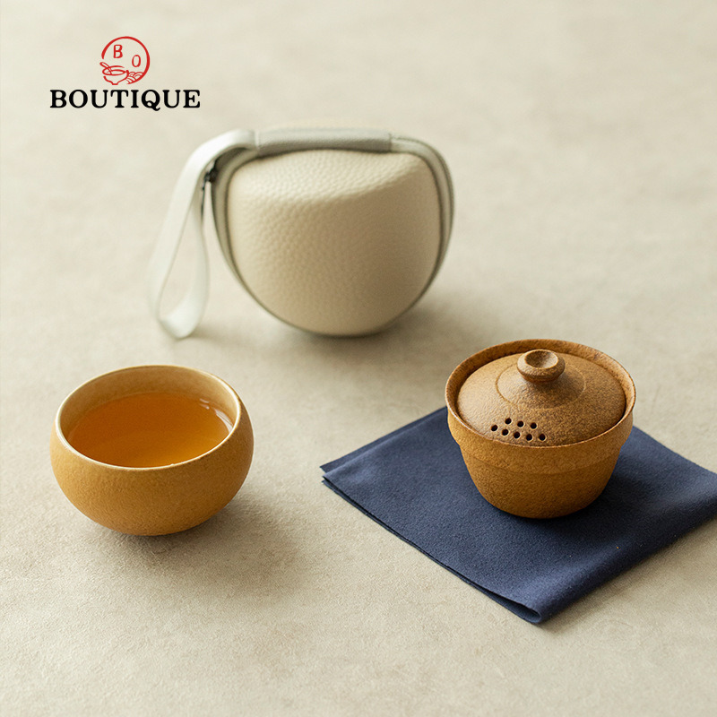Korean Tea Set - ชุดน้ำชาพกพาแบบดินเผาหยาบ ชุดถ้วยเซรามิกขนาดเล็ก ชุดกังฟูชาสำหรับกิจกรรมกลางแจ้ง ชุดชาผู่เอ๋อ ของขวัญ อุปกรณ์